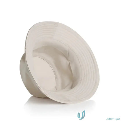 Light-colored bucket hat with reinforced brim, lightweight cotton, perfect for sunny days