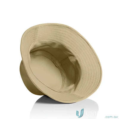 Beige cotton bucket hat with reinforced brim and stitched details, lightweight and stylish