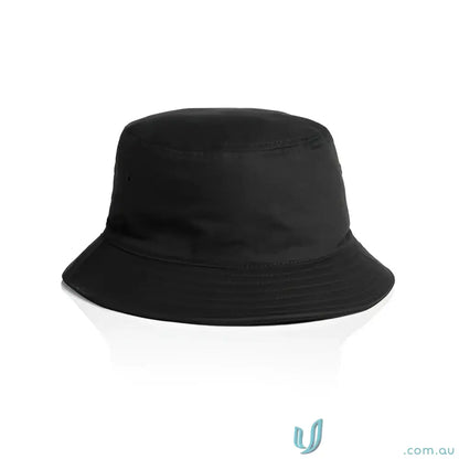 Black bucket hat with reinforced brim, lightweight cotton, and wide brim style