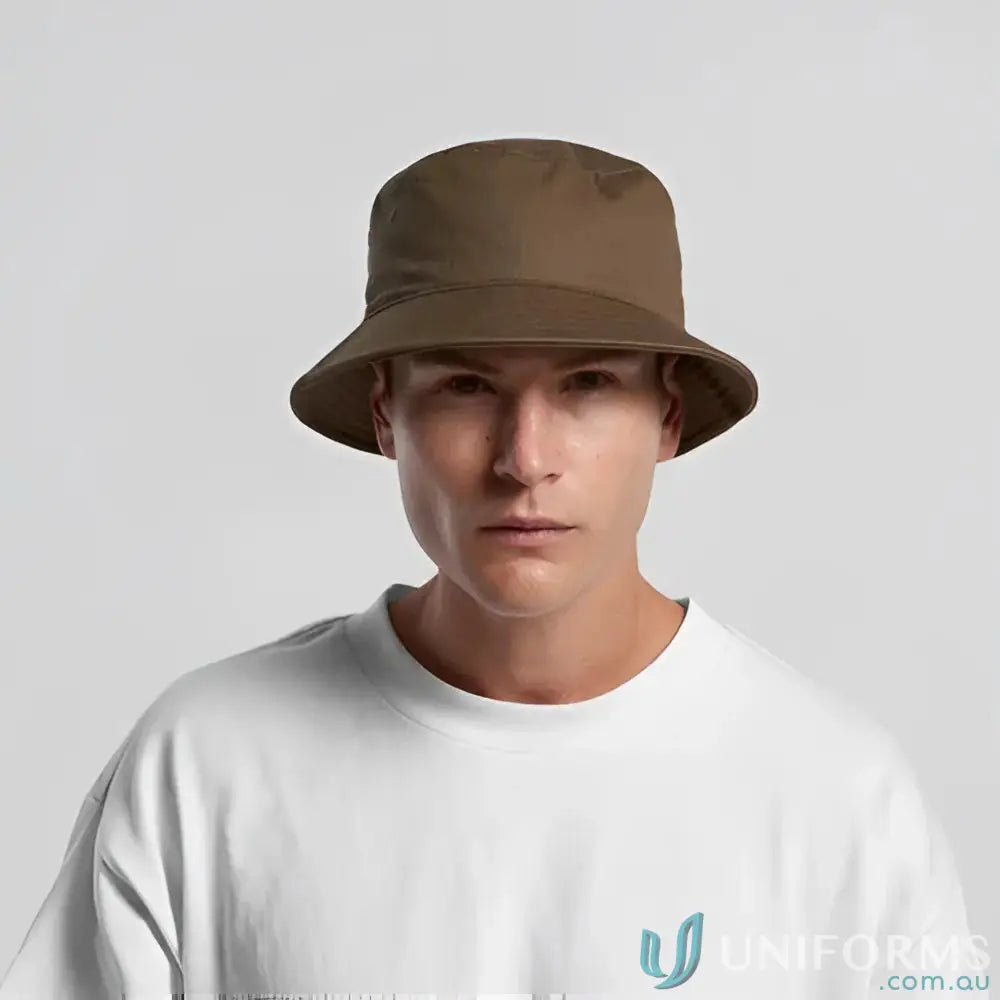 Man wearing AS Colour 1117 lightweight cotton bucket hat with reinforced brim