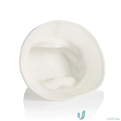 White cotton bucket hat with reinforced brim, lightweight mid-weight design