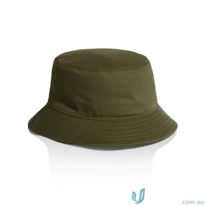 Olive green bucket hat with reinforced brim, lightweight cotton material perfect for casual wear