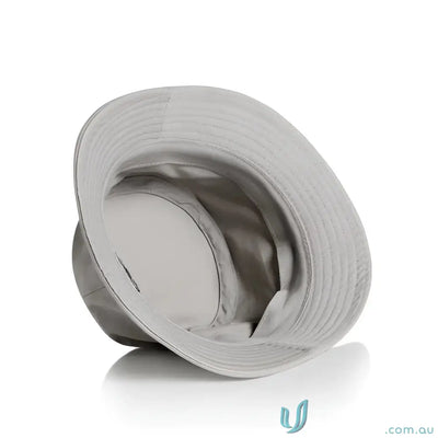 Light grey bucket hat with reinforced brim, lightweight cotton, perfect for sunny days