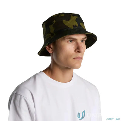 Man wearing stylish camo bucket hat and white tee, perfect for casual looks
