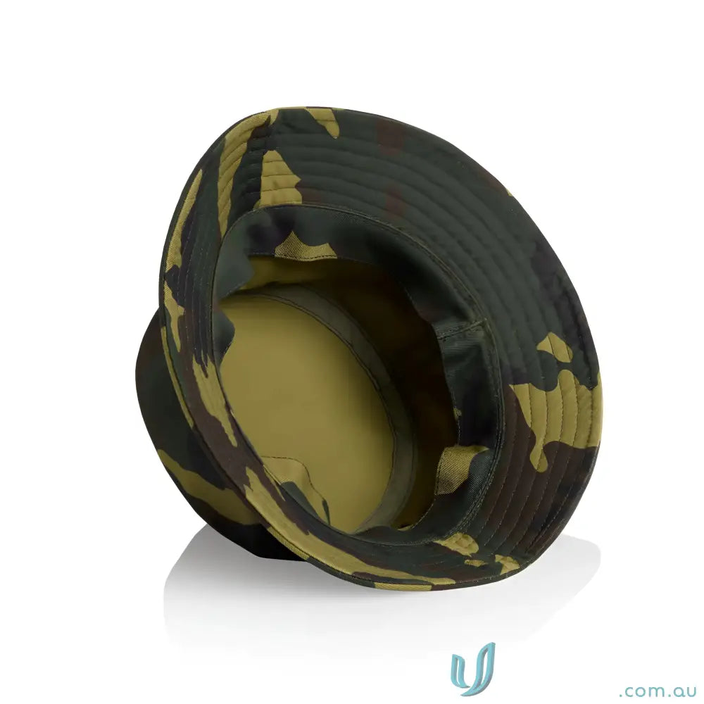 Camo bucket hat with solid olive green interior, stylish and durable cotton headwear
