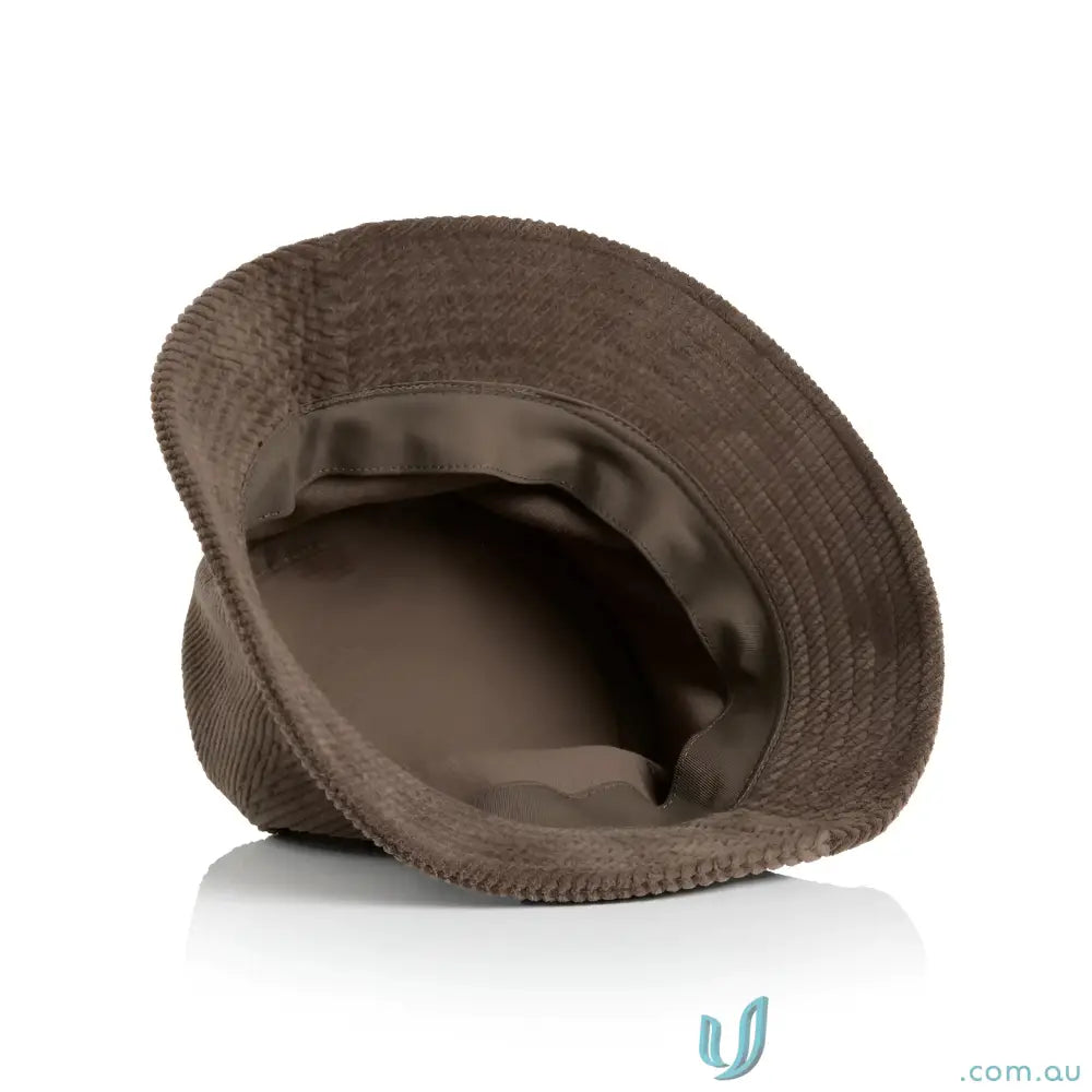 Brown corduroy cord bucket hat with satin lining, made from 8-wale partridge cord fabric