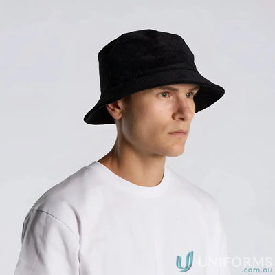 Black textured cord bucket hat on man, AS Colour 1176 Cord Bucket Hat, stylish and durable