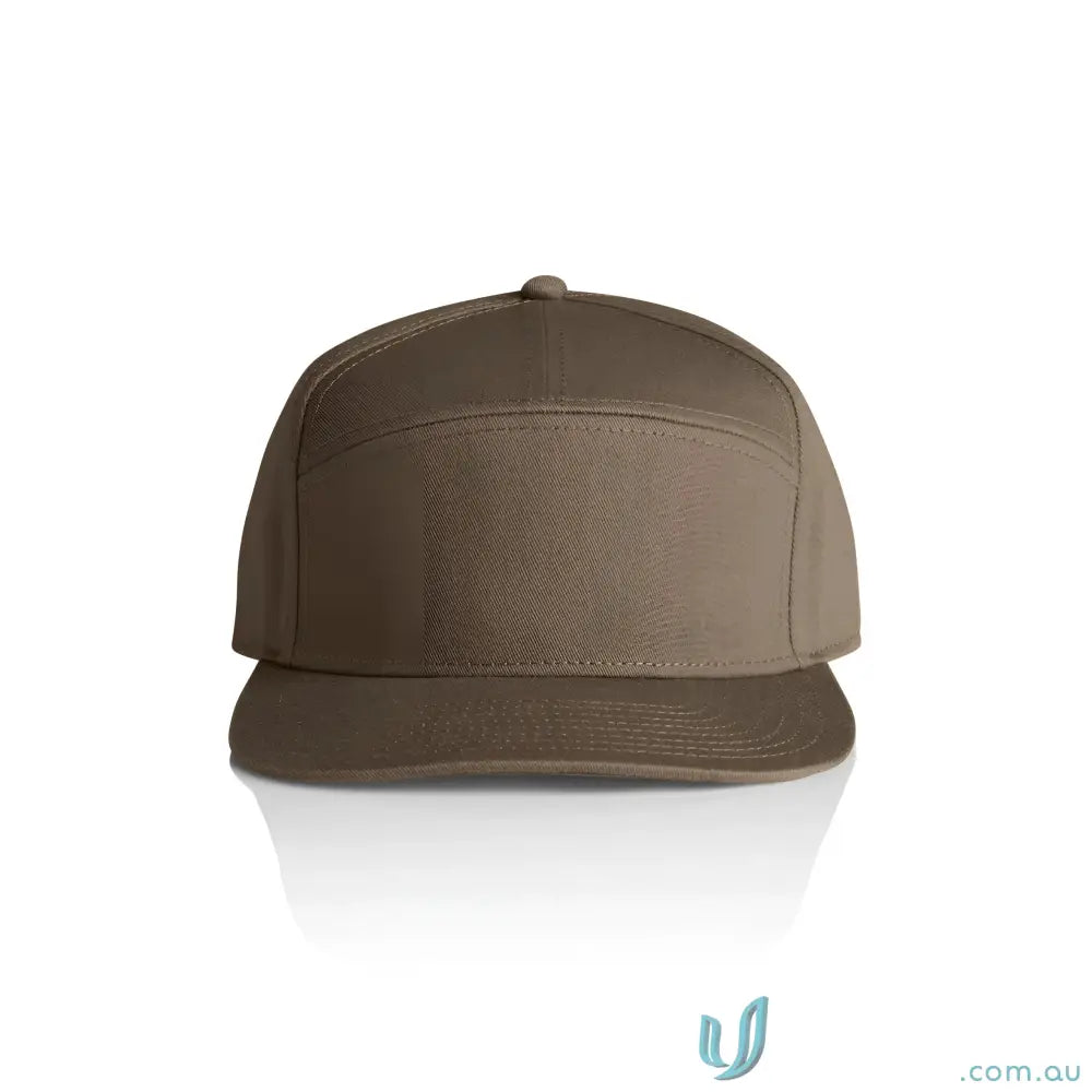 Dark tan-brown five-panel baseball cap with flat peak and plastic snapback
