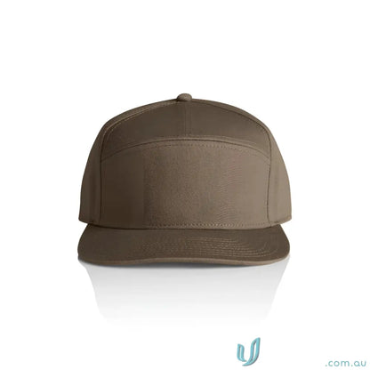 Dark tan-brown five-panel baseball cap with flat peak and plastic snapback