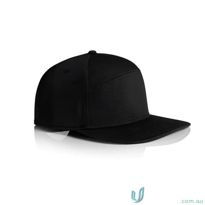 Black AS Colour 1184 Stock 7-Panel Cap with flat peak and plastic snapback