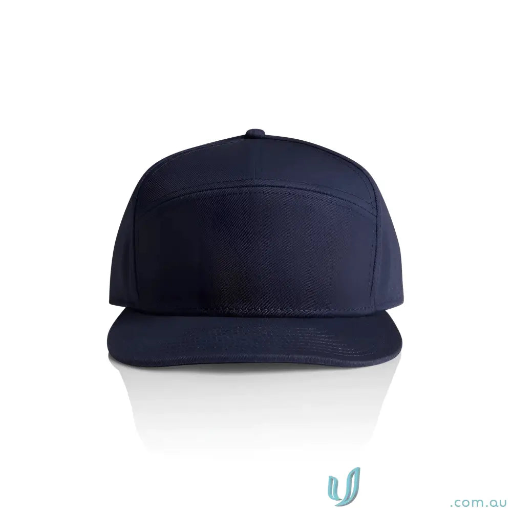 Dark blue five-panel baseball cap with flat peak and plastic snapback for style