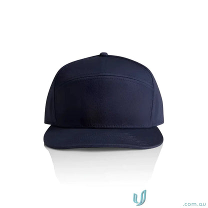 Dark blue five-panel baseball cap with flat peak and plastic snapback for style