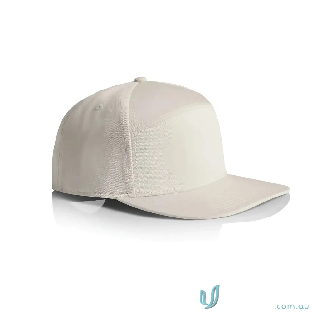 Plain off-white baseball cap with flat peak and plastic snapback for a stylish look