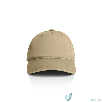 Tan baseball cap with curved peak and adjustable metal clasp fastener