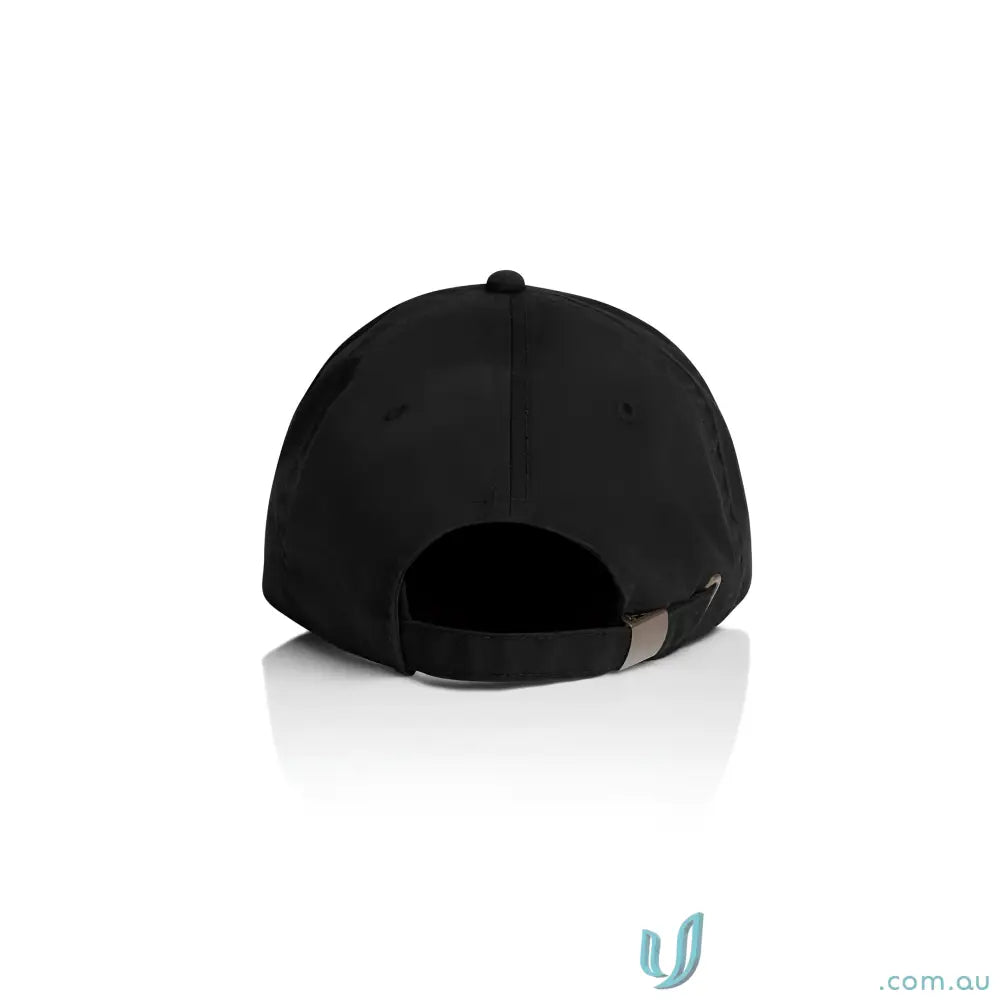 Black AS Colour Access Five Panel Cap with curved peak and adjustable metal clasp fastener