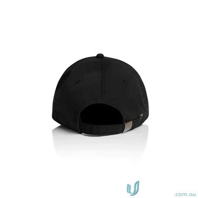 Black AS Colour Access Five Panel Cap with curved peak and adjustable metal clasp fastener