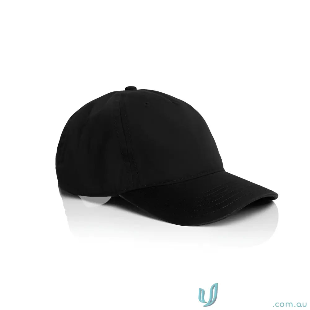 Black baseball cap with curved peak and adjustable metal clasp fastener