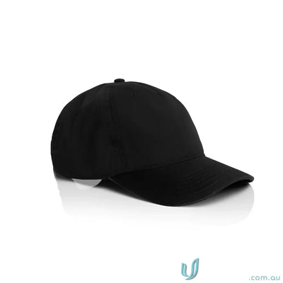 Black baseball cap with curved peak and adjustable metal clasp fastener
