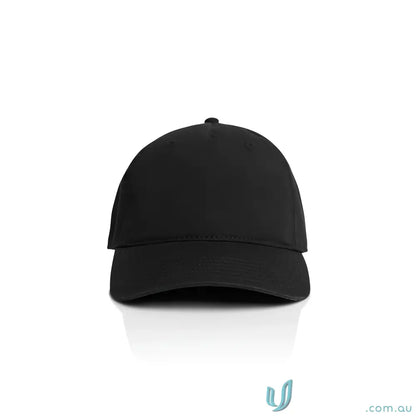Black AS Colour Access Five Panel Cap with curved peak and adjustable metal clasp fastener