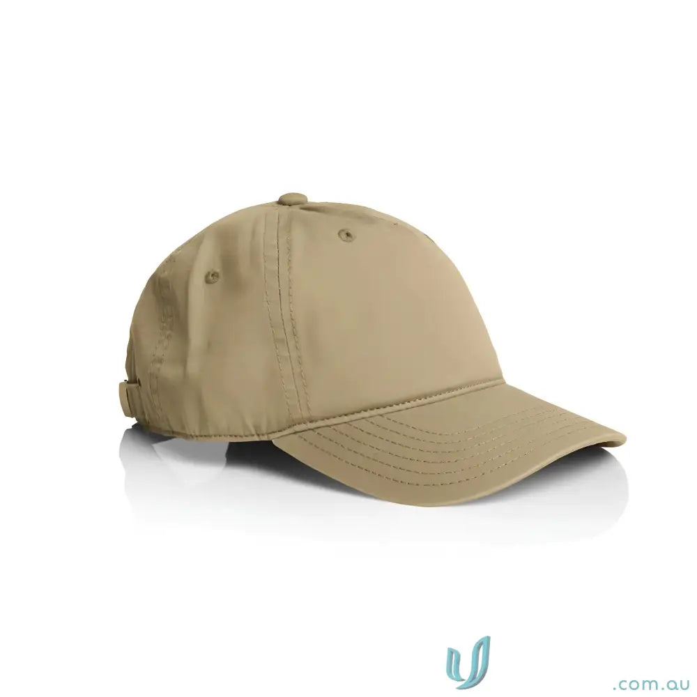 Plain tan baseball cap with curved peak and adjustable metal clasp fastener