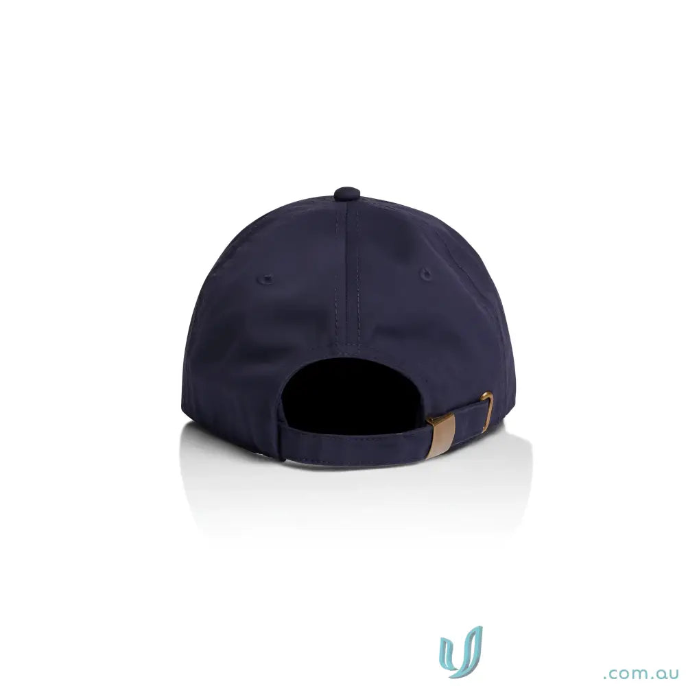 Navy blue five panel cap with curved peak and adjustable metal clasp fastener
