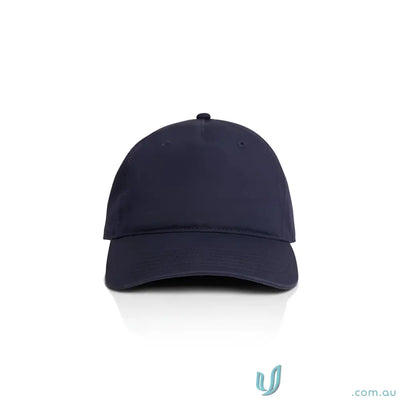 Plain navy blue baseball cap with curved peak and adjustable metal clasp fastener
