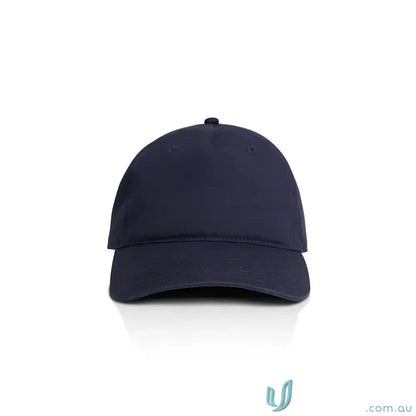 Plain navy blue baseball cap with curved peak and adjustable metal clasp fastener