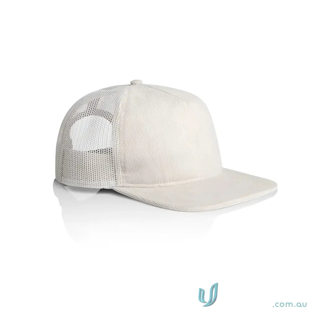 Light beige and white mesh trucker hat with flat peak made from cotton 16-wale partridge cord