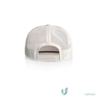 Rear view of a light-colored cotton 16-wale partridge trucker cap with flat peak