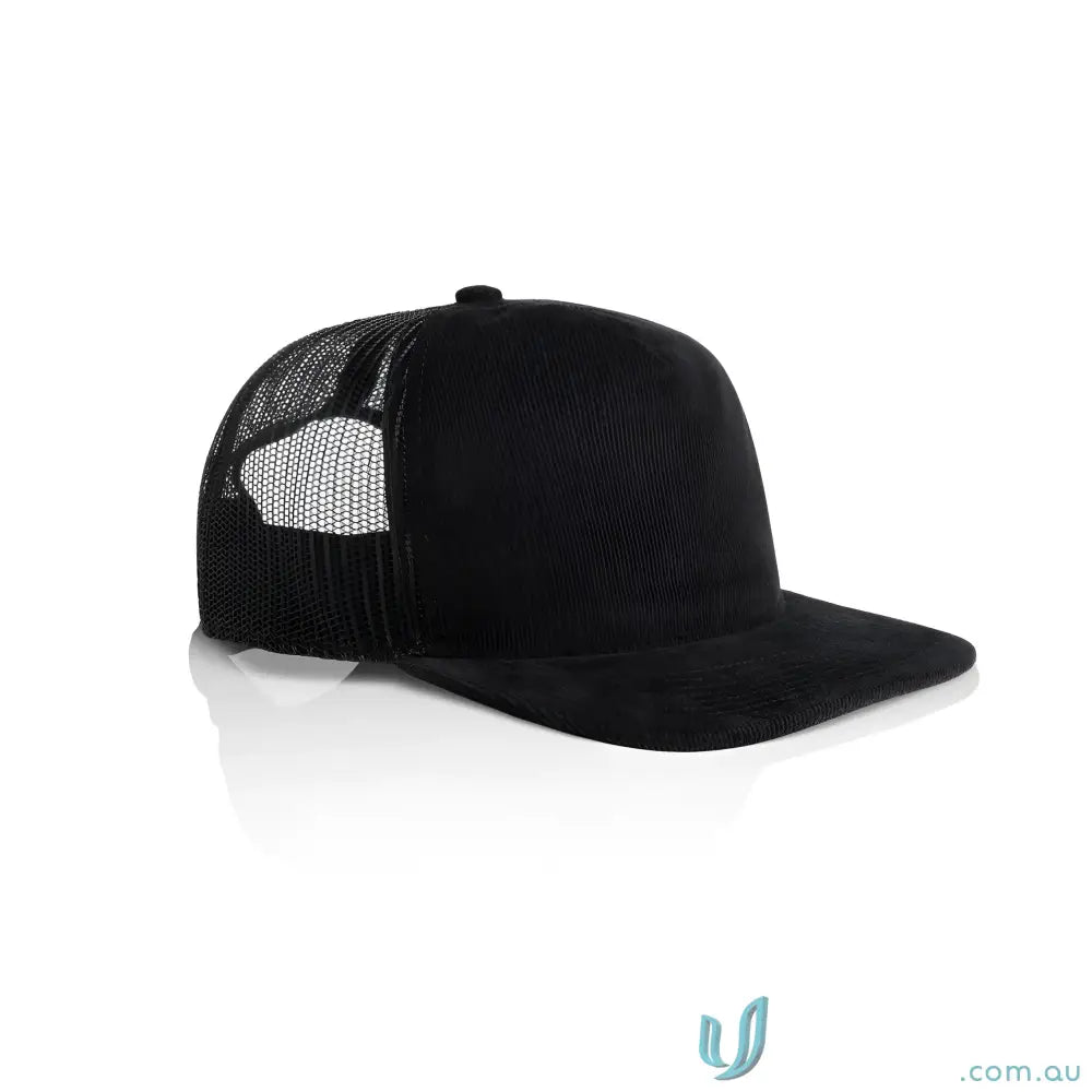 Black trucker hat with flat peak and mesh back, made of cotton 16-wale partridge cord