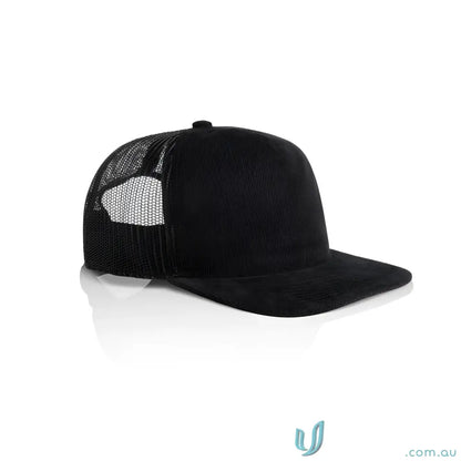 Black trucker hat with flat peak and mesh back, made of cotton 16-wale partridge cord