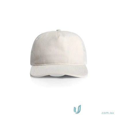 Cream-colored cotton 16-wale partridge cord trucker cap with flat peak and mesh back