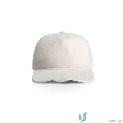 Cream-colored cotton 16-wale partridge cord trucker cap with flat peak and mesh back
