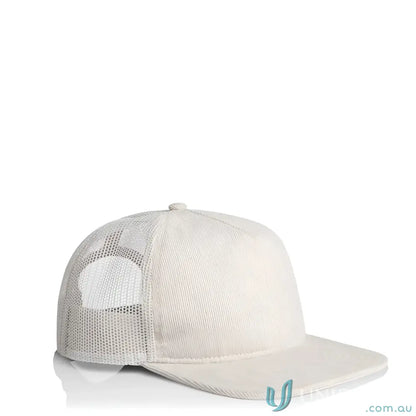 White cotton 16-wale partridge cord trucker cap with flat peak and mesh back