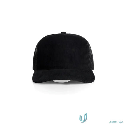 Black trucker hat with flat peak and cotton 16-wale partridge cord design