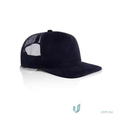 Dark blue cotton 16-wale partridge cord trucker cap with flat peak and mesh back