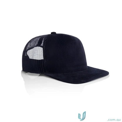 Dark blue cotton 16-wale partridge cord trucker cap with flat peak and mesh back