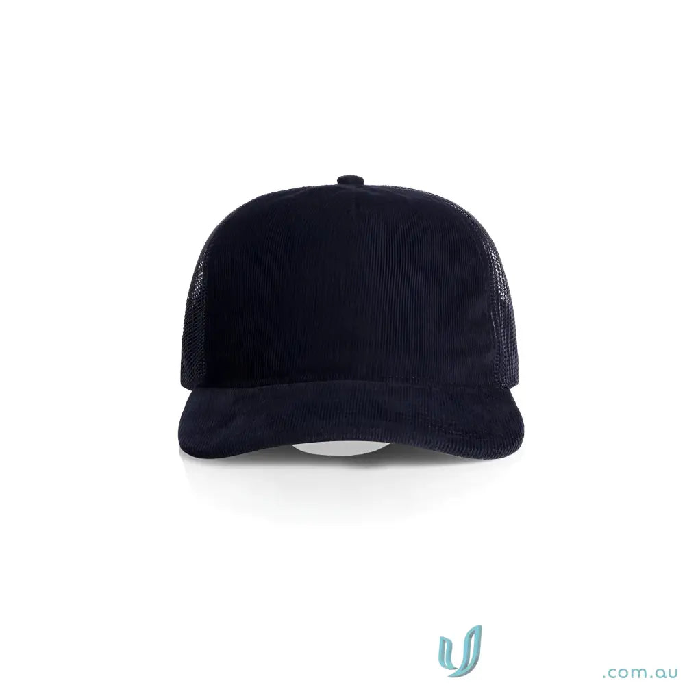 Dark blue cotton 16-wale partridge cord flat peak trucker cap with mesh back