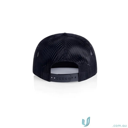 Black mesh cotton 16-wale partridge flat peak trucker cap with adjustable snapback