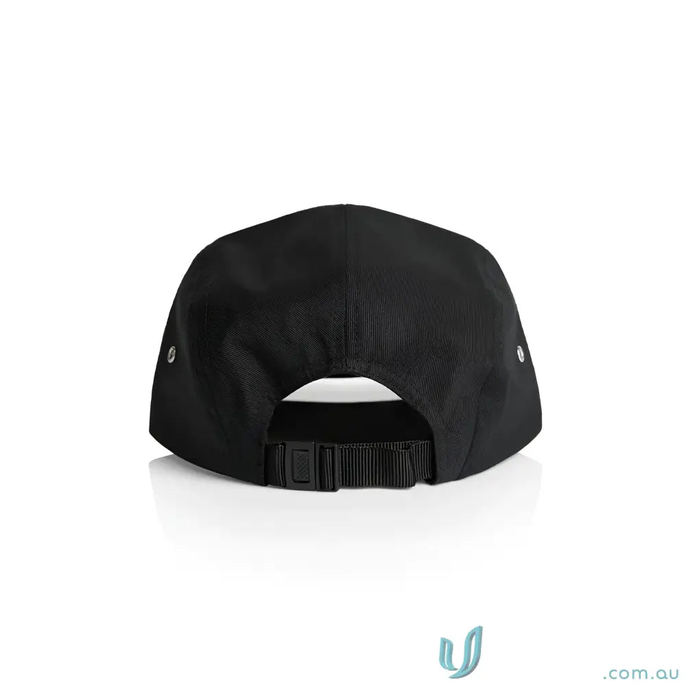 Black Finn Five Panel Cap with adjustable strap, durable breathable cotton style