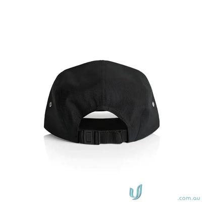 Black Finn Five Panel Cap with adjustable strap, durable breathable cotton style