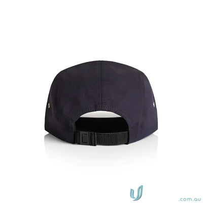 Dark blue AS Colour Finn Five Panel Cap with black adjustable strap and buckle closure