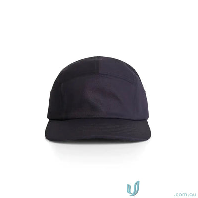 Plain navy blue Finn Five Panel Cap with flat brim, durable 100% cotton material