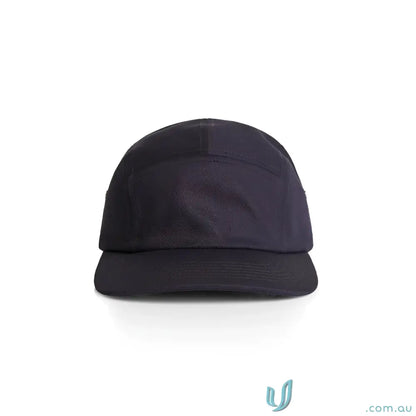 Plain navy blue Finn Five Panel Cap with flat brim, durable 100% cotton material