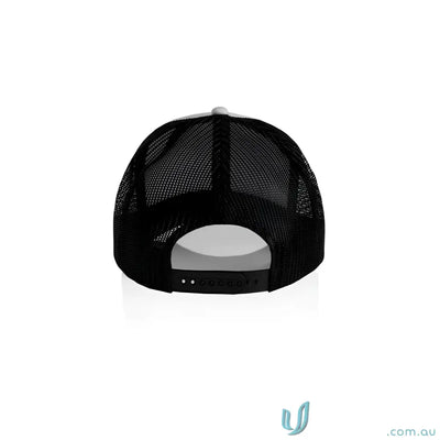 Black mesh back trucker hat with curved peak and recycled polyester mesh for style