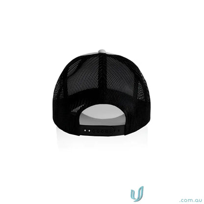 Black mesh back trucker hat with curved peak and recycled polyester mesh for style