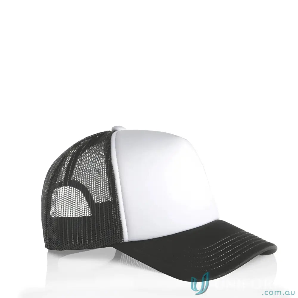 Black and white trucker hat with curved peak and recycled polyester mesh
