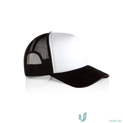 Black and white AS Colour Frame Foam Trucker Cap with curved peak and recycled polyester mesh