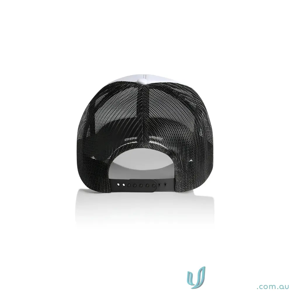 Two-tone trucker hat with curved peak, colour frame foam, and recycled polyester mesh