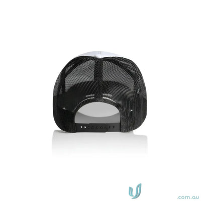 Two-tone trucker hat with curved peak, colour frame foam, and recycled polyester mesh